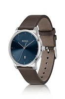 Leather-strap watch with blue dial