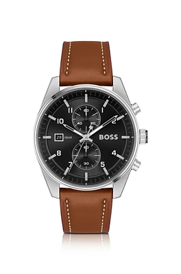 Black-dial chronograph watch with brown leather strap