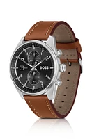 Black-dial chronograph watch with brown leather strap