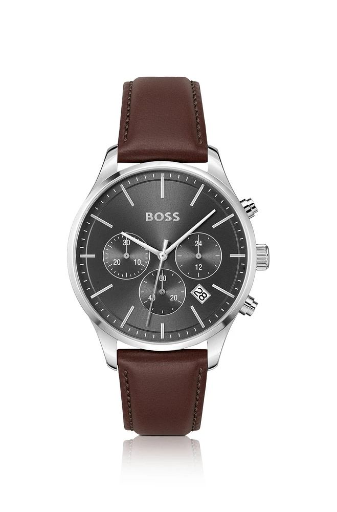 Stainless-steel chronograph watch with stitched leather strap