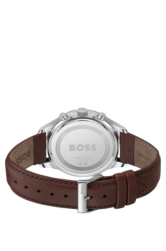 Stainless-steel chronograph watch with stitched leather strap