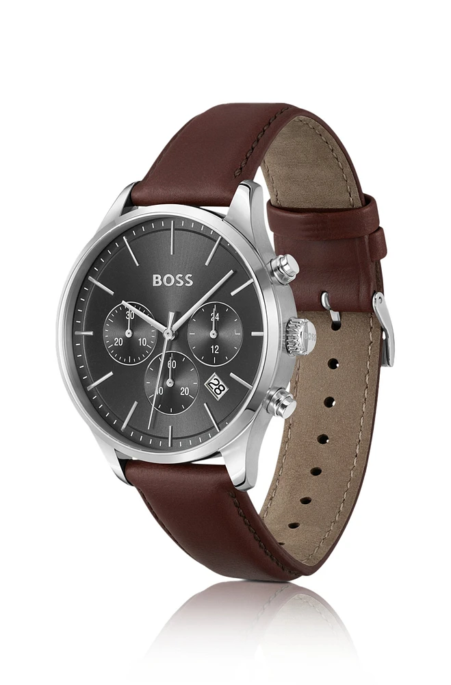 Stainless-steel chronograph watch with stitched leather strap