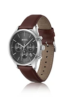 Stainless-steel chronograph watch with stitched leather strap