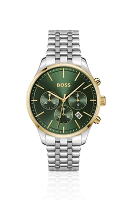 Multi-link-bracelet chronograph watch with green dial