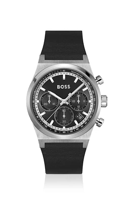 Silver-tone chronograph watch with black leather strap