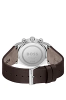 Silver-tone chronograph watch with brown leather strap