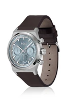 Silver-tone chronograph watch with brown leather strap