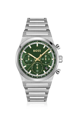 Green-dial chronograph watch in silver-tone steel