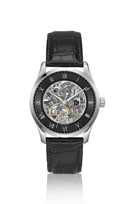 Leather-strap watch with skeleton Japanese automatic movement
