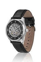 Leather-strap watch with skeleton Japanese automatic movement