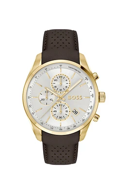 Gold-tone chronograph watch with perforated leather strap