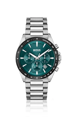 Link-bracelet chronograph watch with green grooved dial