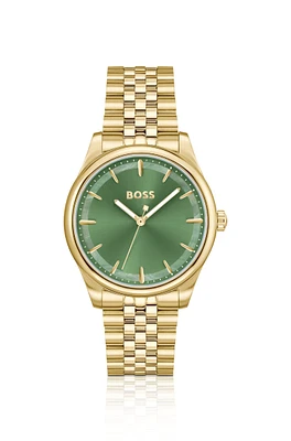 Gold-tone watch with green dial and pearlescent inlay