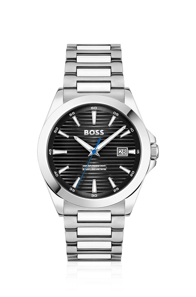 BOSS - Silver-tone watch with black grooved dial