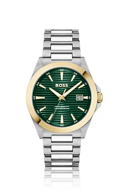 BOSS - Gold- and silver-tone watch with green grooved dial