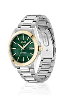 Gold- and silver-tone watch with green grooved dial