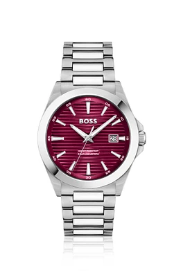 BOSS - Silver-tone watch with burgundy grooved dial