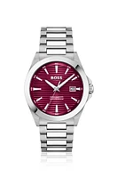 BOSS - Silver-tone watch with burgundy grooved dial