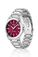 BOSS - Silver-tone watch with burgundy grooved dial