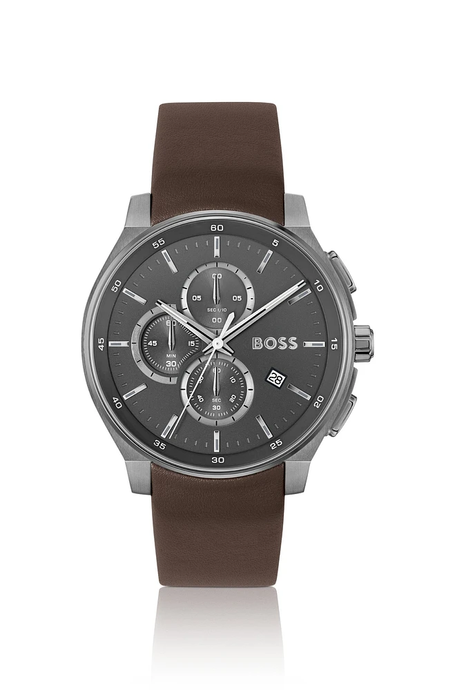 Gray-plated chronograph watch with leather strap