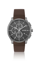 Gray-plated chronograph watch with leather strap