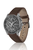 Gray-plated chronograph watch with leather strap