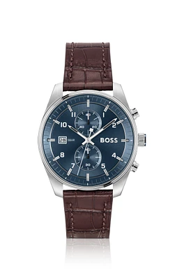 Blue-dial chronograph watch with alligator-embossed leather strap