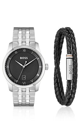 Knurled-dial watch and braided-leather cuff gift set