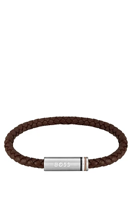 Brown braided-leather cuff with magnetic logo closure