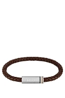 Brown braided-leather cuff with magnetic logo closure