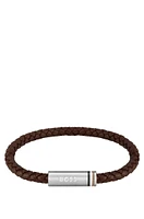 Brown braided-leather cuff with magnetic logo closure