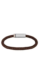 Brown braided-leather cuff with magnetic logo closure