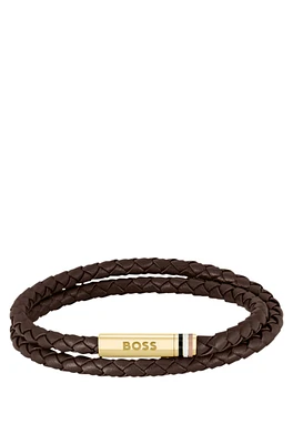 Brown braided-leather cuff with logo closure