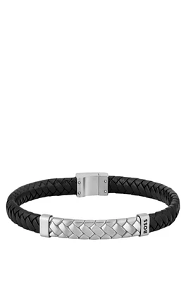 Black braided-leather cuff with herringbone hardware