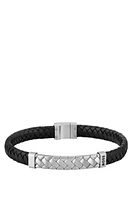 Black braided-leather cuff with herringbone hardware