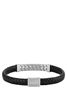 Black braided-leather cuff with herringbone hardware