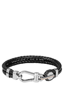 Black braided-leather cuff with silver-tone carabiner closure
