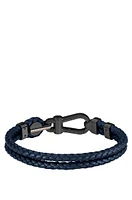 Blue braided-leather cuff with black carabiner closure
