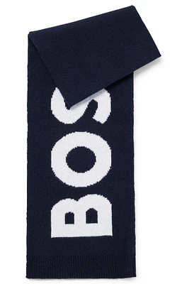 BOSS - Kids' knitted-cotton scarf with jacquard-woven contrast logo Dark Blue