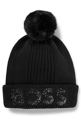 BOSS - Kids' beanie hat knitted cotton with glitter logo Black