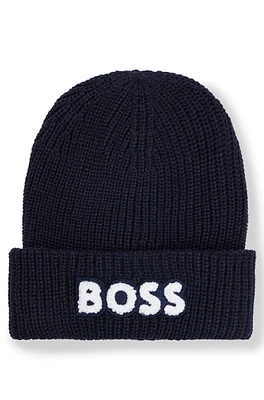 BOSS - Kids' double-layer beanie hat with terry branding Dark Blue