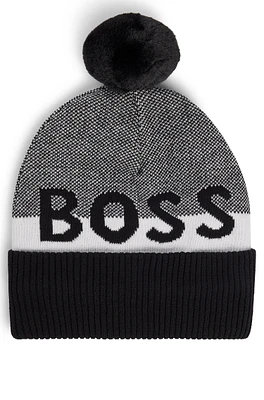 BOSS - Kids' beanie hat with pompom and jacquard-woven logo Black