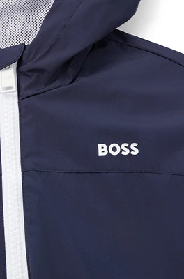 BOSS - Kids' waterproof hooded jacket with logo print Dark Blue