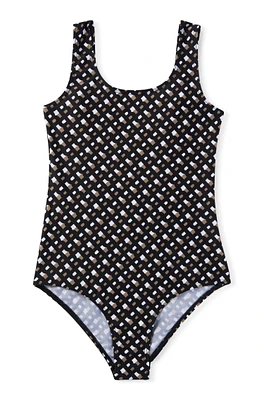 BOSS - Kids' low-back swimsuit with all-over monograms Black