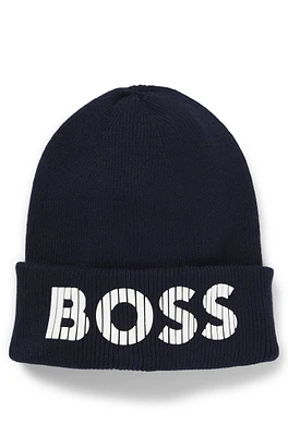 BOSS - Kids' knitted-cotton beanie hat with rubber-effect logo Dark Blue