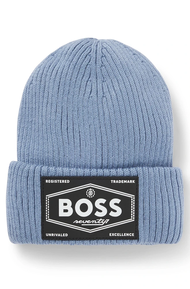 BOSS - Kids' logo-badge beanie hat with faux-fur lining Blue