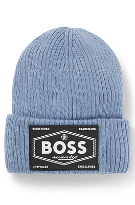 BOSS - Kids' logo-badge beanie hat with faux-fur lining Blue