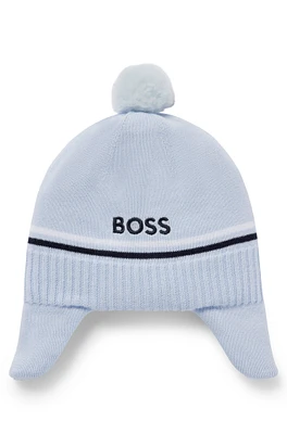 BOSS - Baby knitted-cotton hat with ear flaps and pompom Light Blue