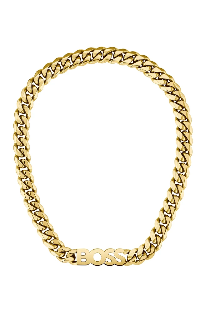 Yellow-gold-effect curb-chain necklace with integrated logo