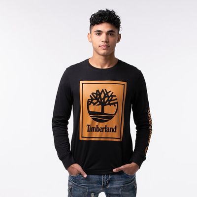 Mens Timberland Stacked Logo Long Sleeve Tee - Black
